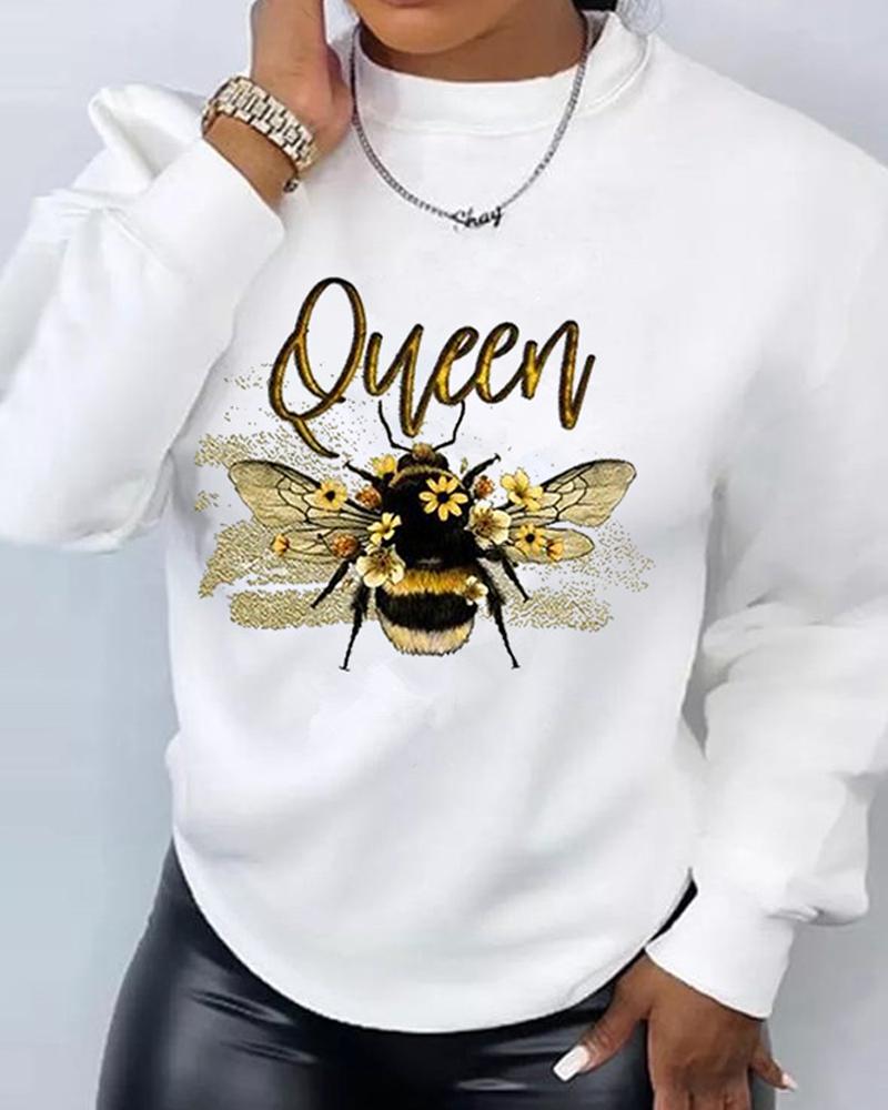 

Plus Size Letter Bee Print Long Sleeve Sweatshirt, White