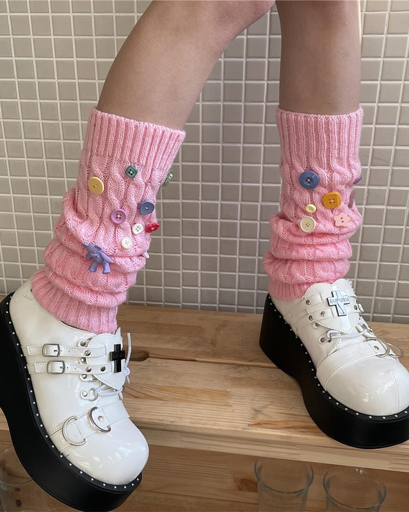 

1Pair Button Decor Knit Leg Warmers, Pink