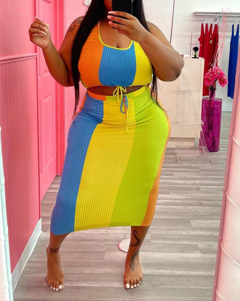 

Plus Size Colorblock Ribbed Crop Top & Skirt Set, Yellow