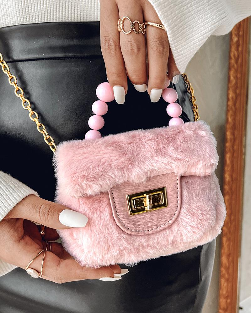 

Fuzzy Twisted Lock Beaded Strap Mini Satchel Bag, Pink