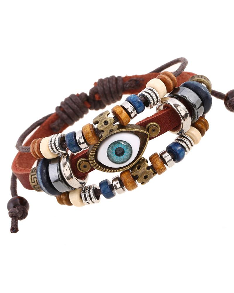 

1pc Bohemian Multi-layer Blue Eye Beaded Bracelet, Brown