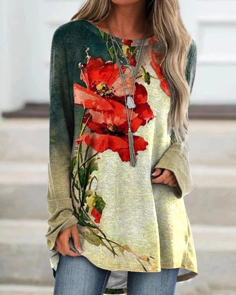 

Plus Size Floral Print Long Sleeve Top, Red