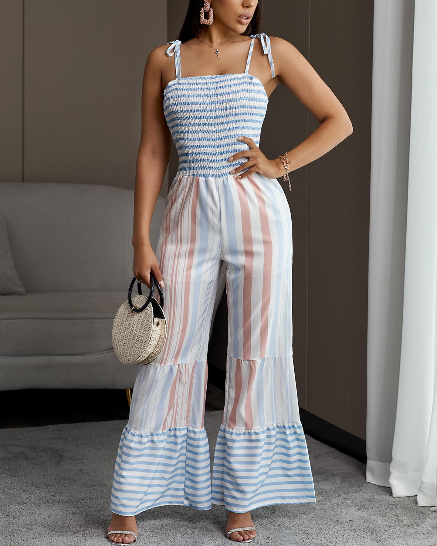 

Tied Strap Striped Shirring Bell-Bottom Jumpsuit, Multicolor