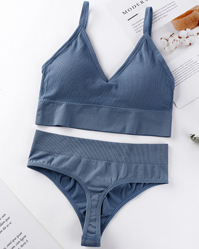 

V-Neck Sleeveless Seamless Bra Set, Blue