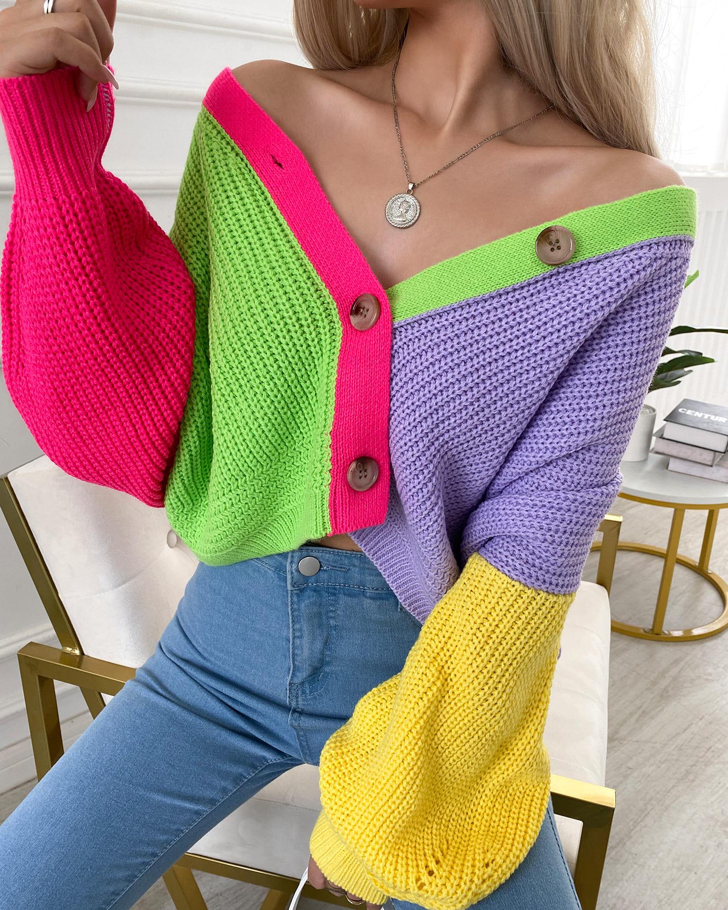 

Button Design Lantern Sleeve Colorblock Cardigan, Multicolor