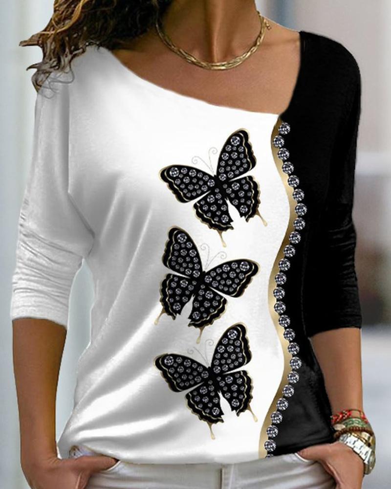 

Buttterfly Print Colorblock Long Sleeve Top, White