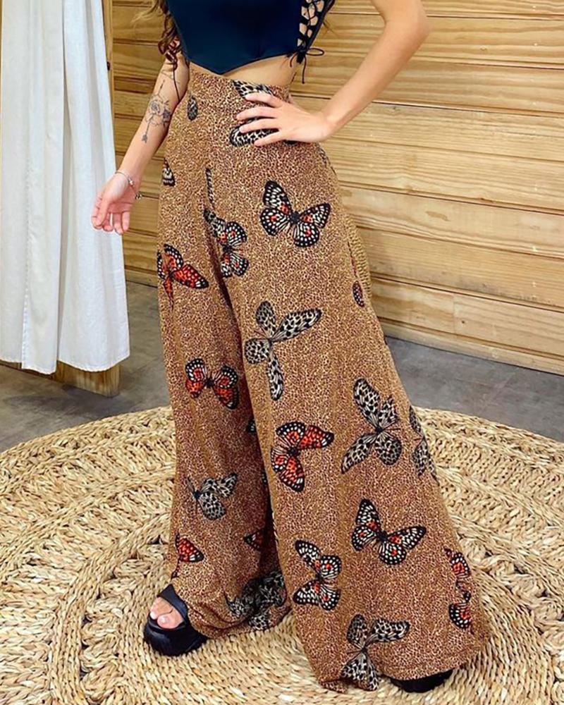 

Butterfly Cheetah Print High Waisted Wide Leg Pants, Brown