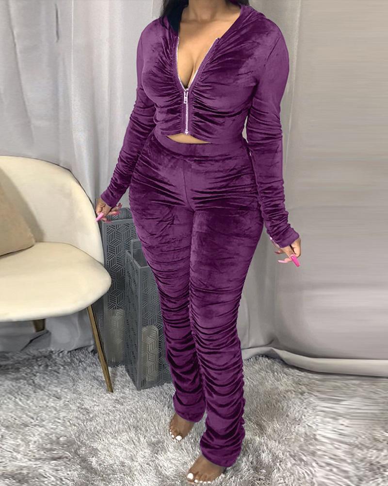 

Ruched Long Sleeve Hooded Zip Up Top & Pants Set, Purple