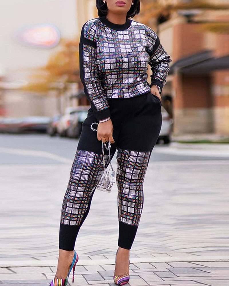 

Plus Size Sequins Long Sleeve Top & Pocket Design Pants Set, Black