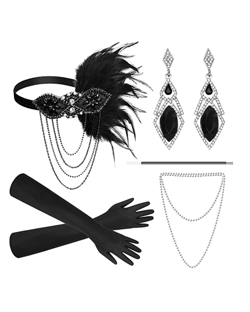 

5PCS Great Gatsby Accessories With Headband Earrings Pearl Necklace Gloves Handheld Props 1920s Flapper Costume Vintage Accessories, Style2