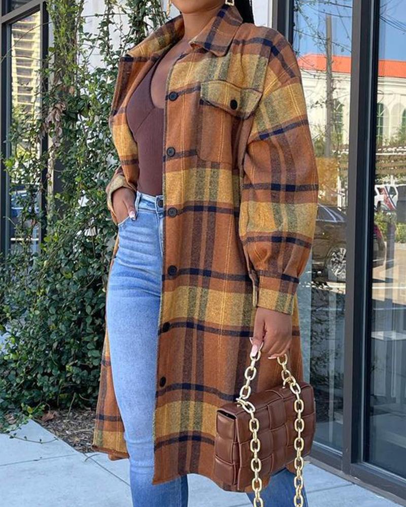 

Plaid Print Button Pocket Design Longline Shacket, Brown