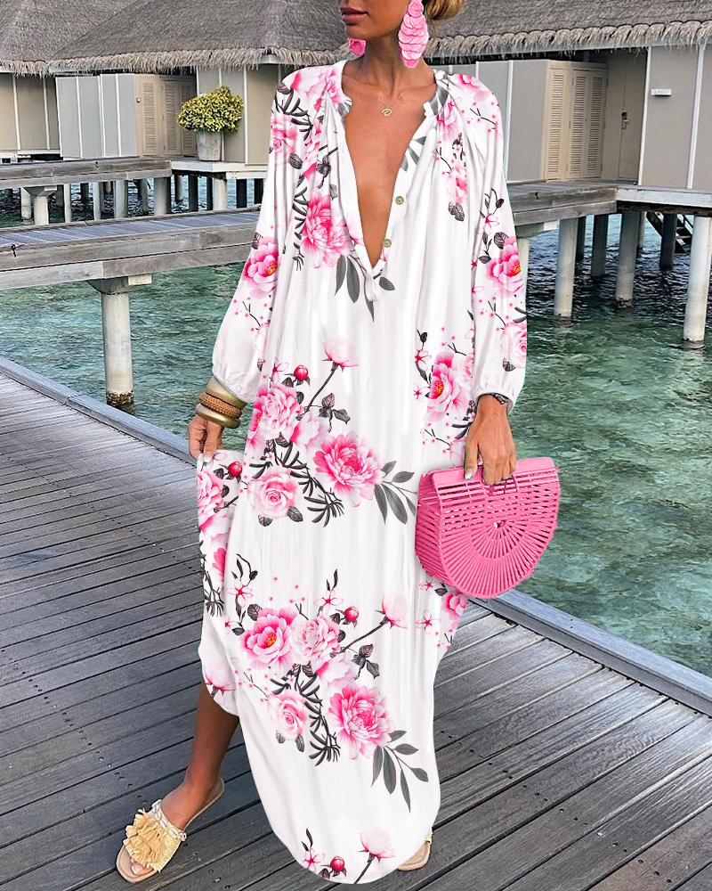 

Floral Print Button Front Long Sleeve Shirt Dress, White