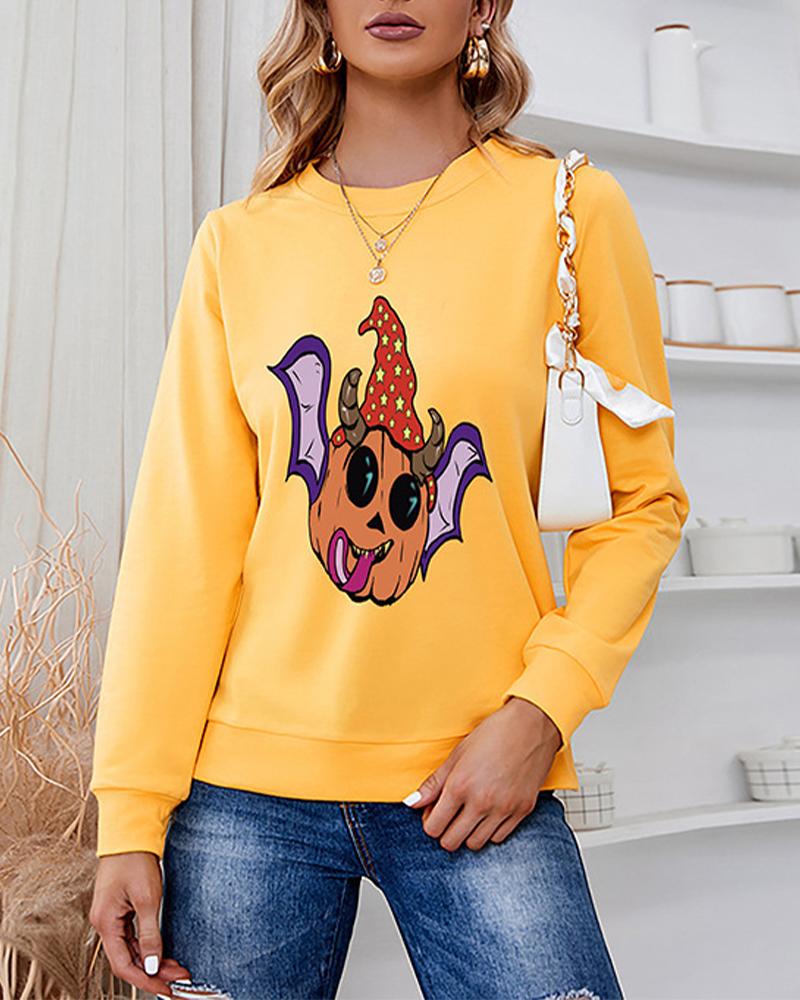 

Halloween Batwing Pumpkin Pattern Long Sleeve Sweatshirt, Yellow