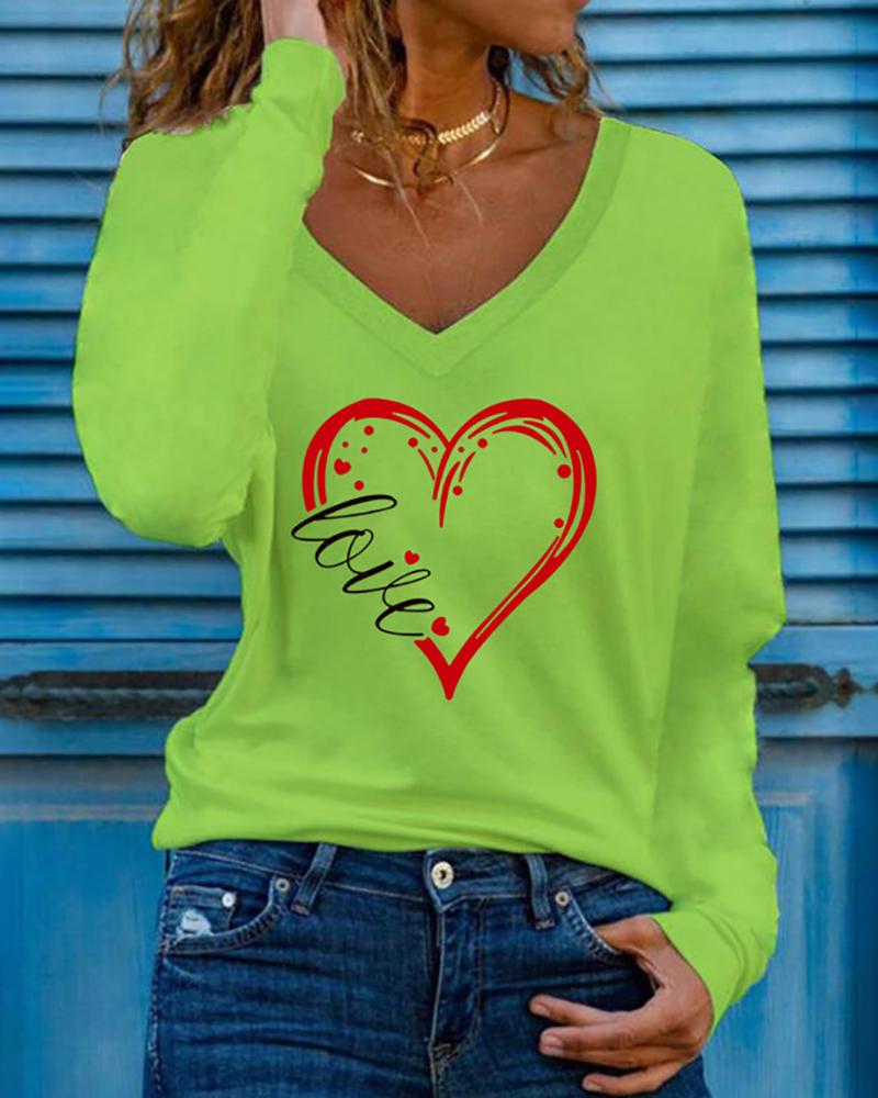 

Valentine' Day Heart Letter Print Long Sleeve Top, Green