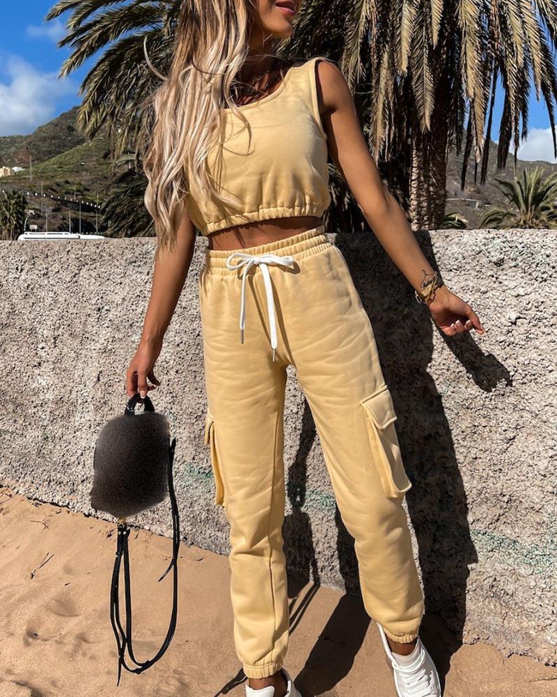 

Sleeveless Sweatshirt & Drawstring Pocket Design Pants Set, Yellow