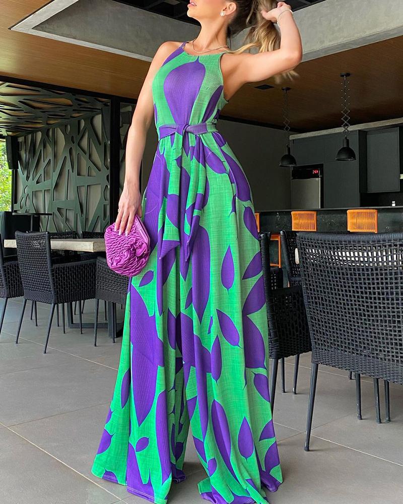

Halter Graphic Print Wide Leg Jumpsuit With Belt, Green