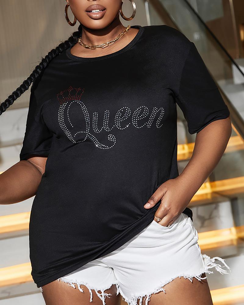 

O-Neck Rhinestone Crown Letter Pattern T-shirt, Black