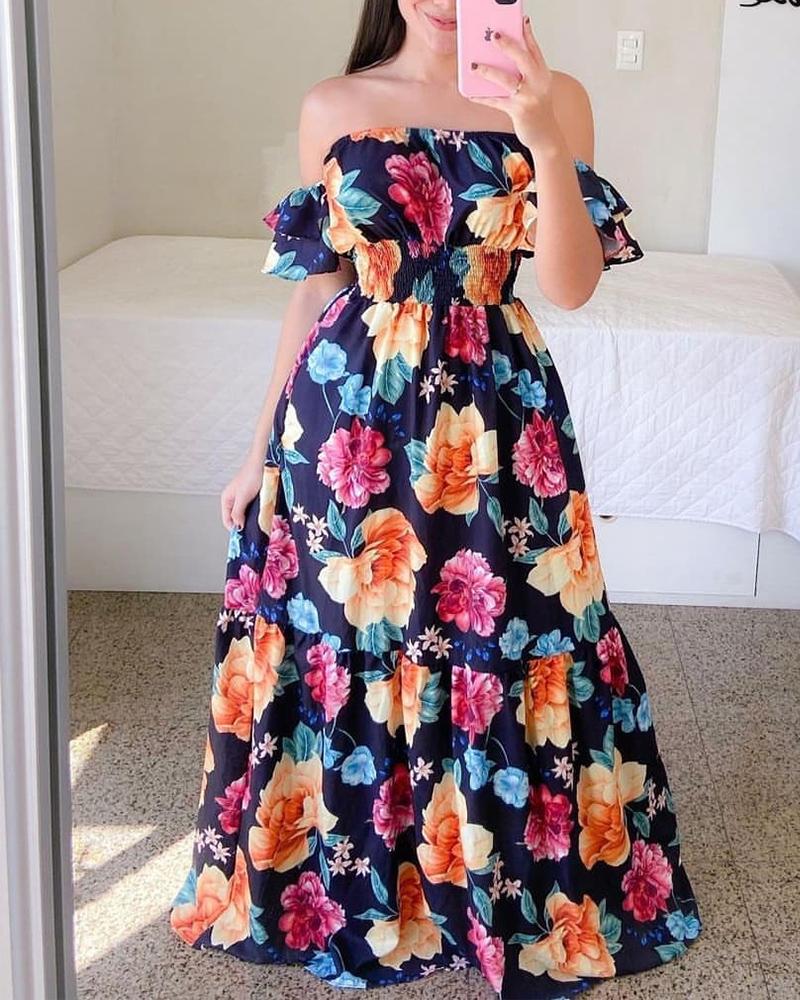 

Floral Print Off Shoulder Shirred Maxi Dress, Dark blue