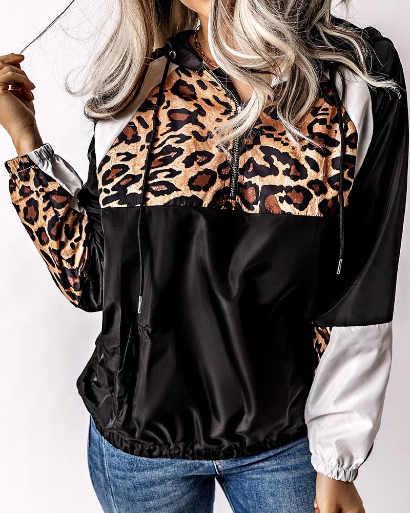 

Colorblock Leopard Print Zipper Design Hoodie, Black