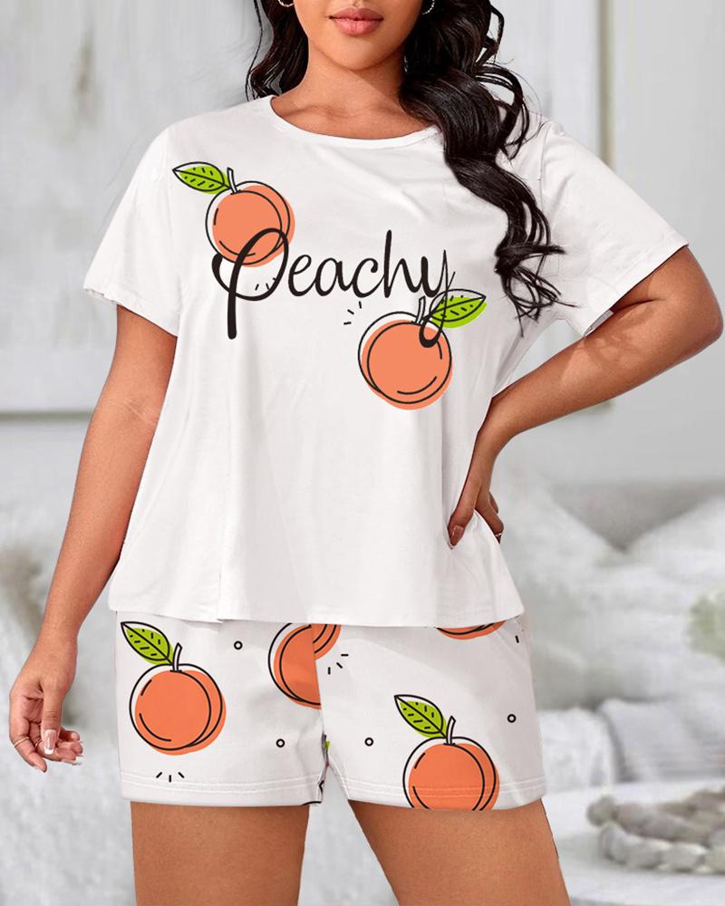 

Plus Size Letter Peach Print Short Sleeve Pajamas Set, White