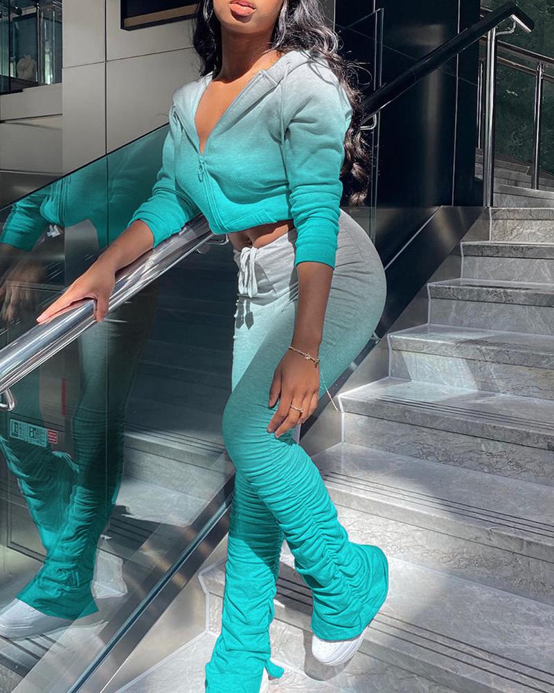 

Gradient Color Hooded Crop Top & Ruched Pants Set, Green