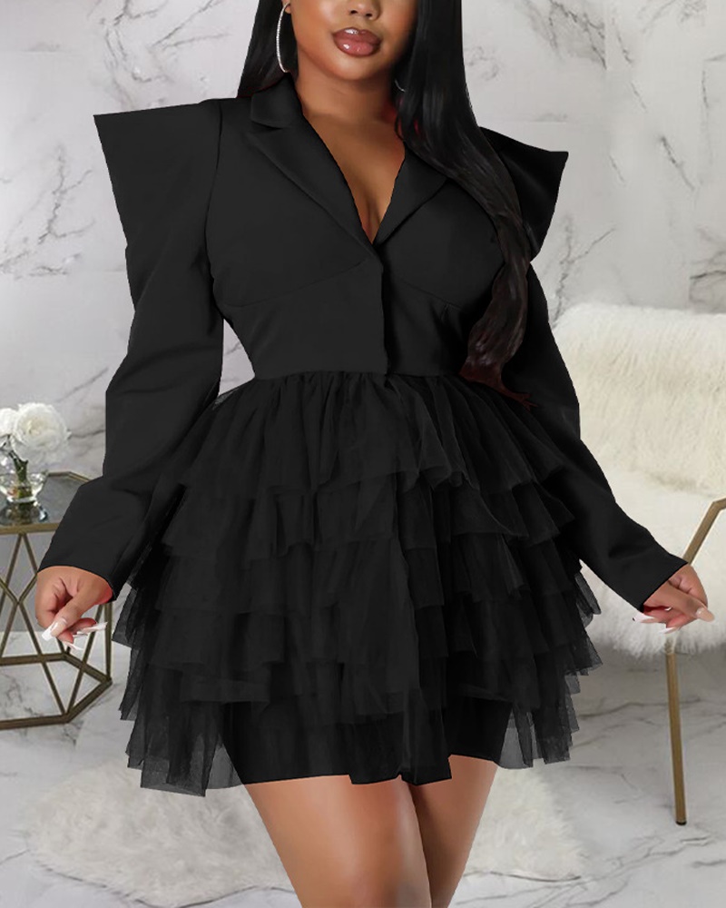 

Layered Sheer Mesh Long Sleeve Blazer Dress, Black