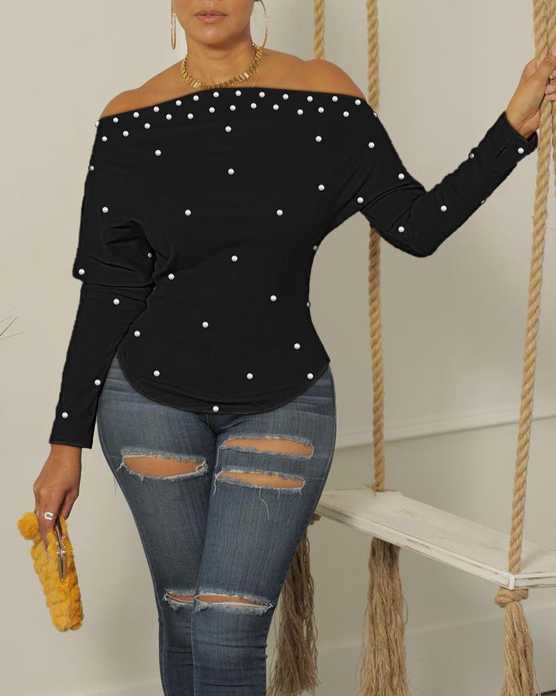 

Beaded Decor Off Shoulder Top, Black