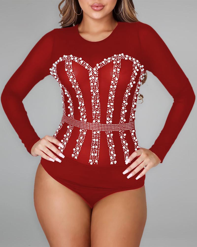 

Studded Beaded Long Sleeve Skinny Bodysuit, Red