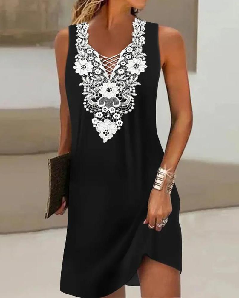 

Contrast Lace Sleeveless Casual Dress, Black