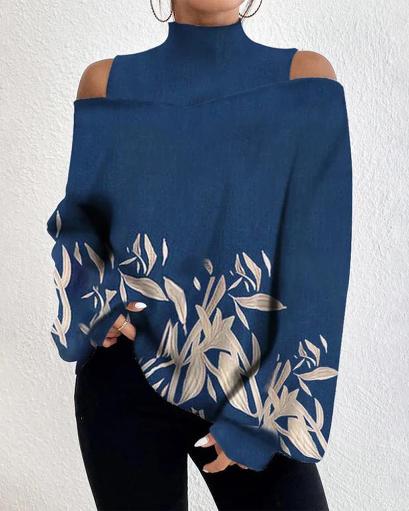 

Plants Print Cold Shoulder Lantern Sleeve Top, Blue