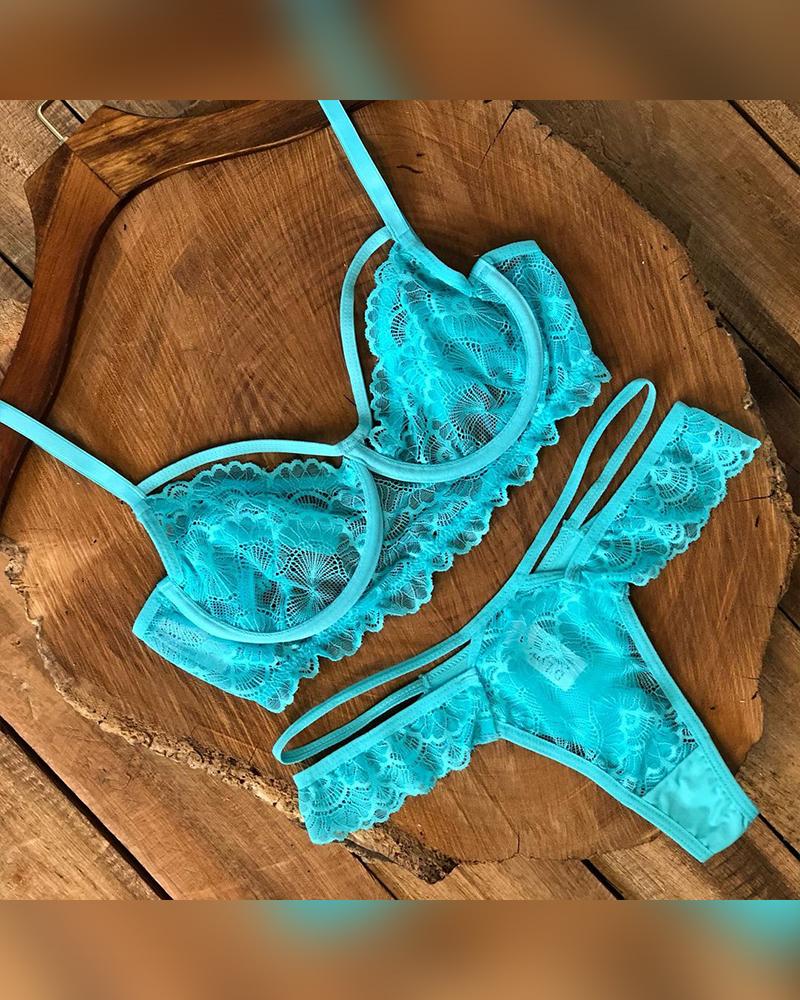 

Crochet Lace Cutout Spaghetti Strap Lingerie Set, Blue