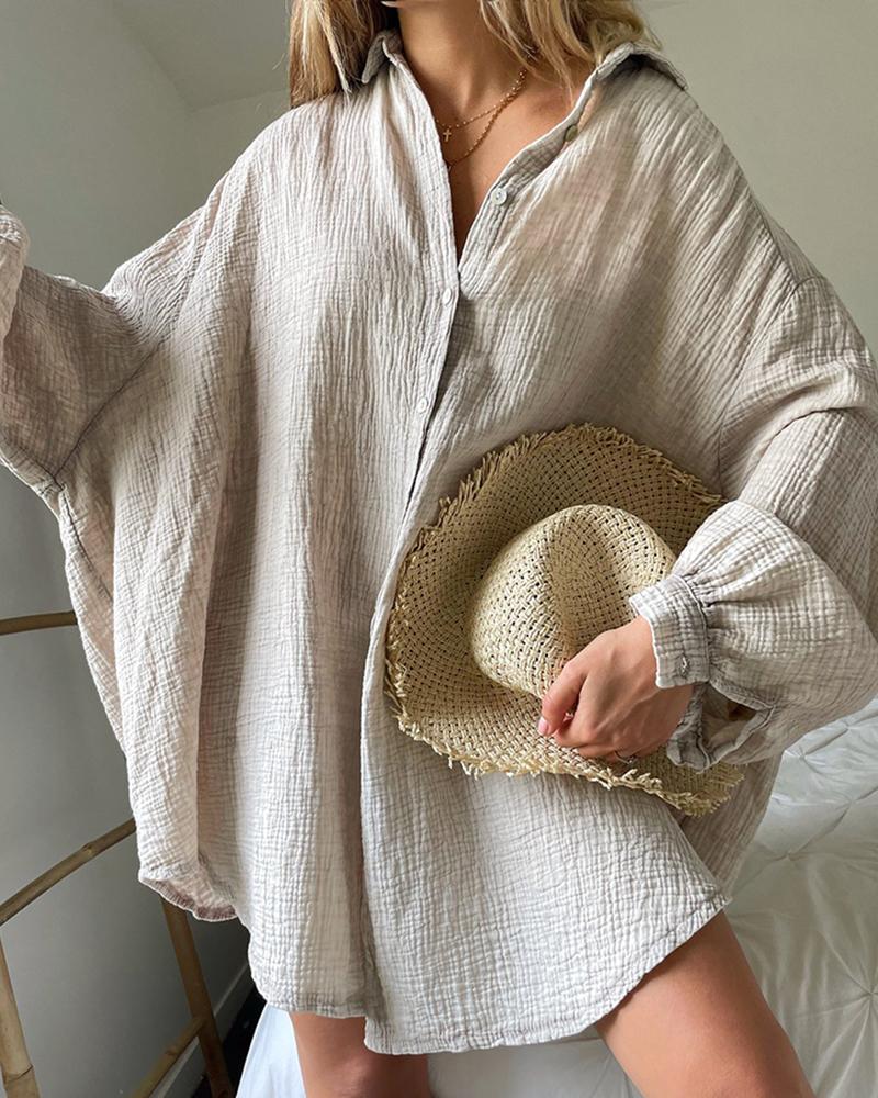 

Batwing Sleeve Button Front Shirt Dress, Light gray