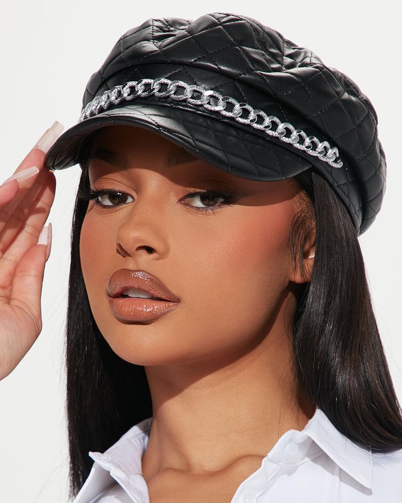 

Quilted Argyle Chain Decor Peaked Cap, Black