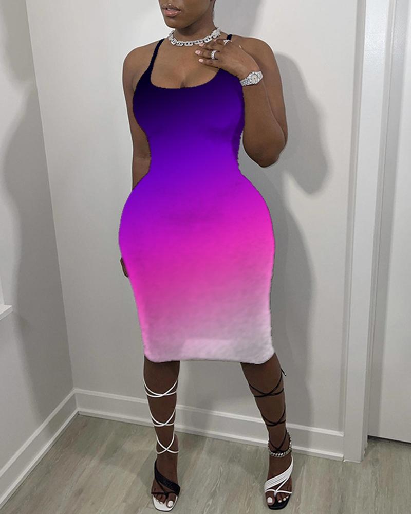 

Gradient Color Block Sling Skinny Midi Dress, Blue