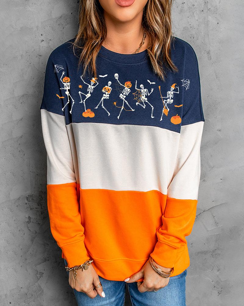 

Halloween Skeleton Graphic Print Sweatshirt, Orange