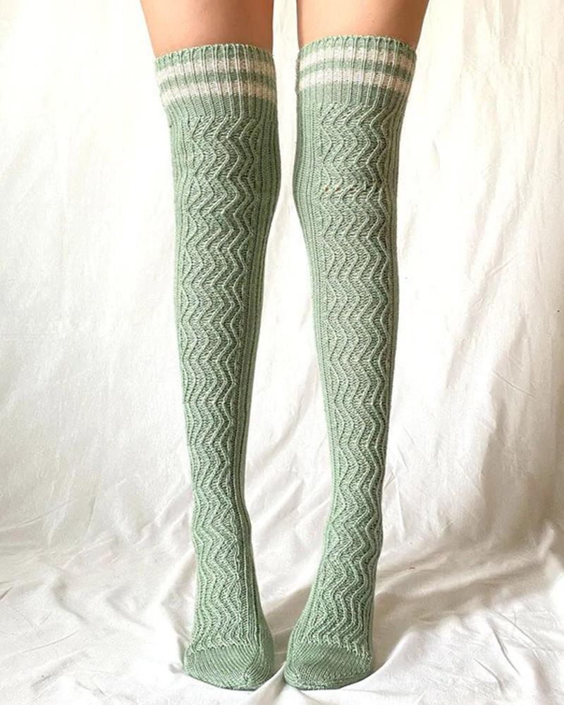

1Pair Striped Over The Knee Braided Winter Socks, Light green