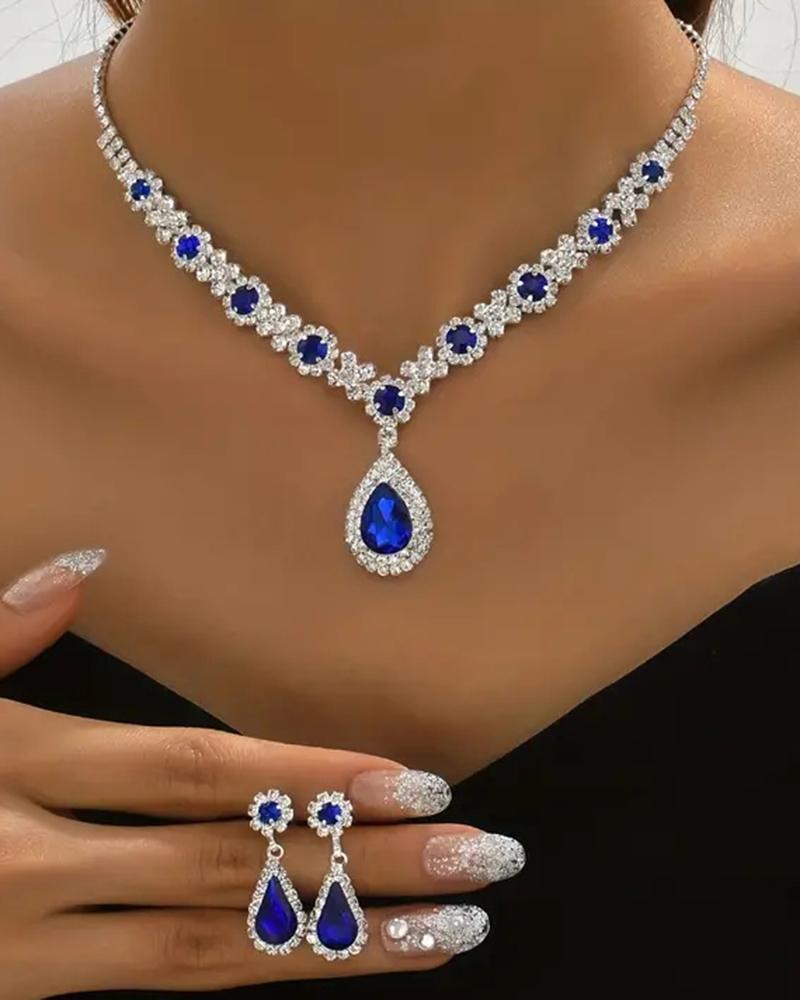 

2PCS Rhinestone Decor Waterdrop Crystal Stone Pendant Necklace & Drop Earrings Wedding Bridal Gift Jewelry Set, Blue