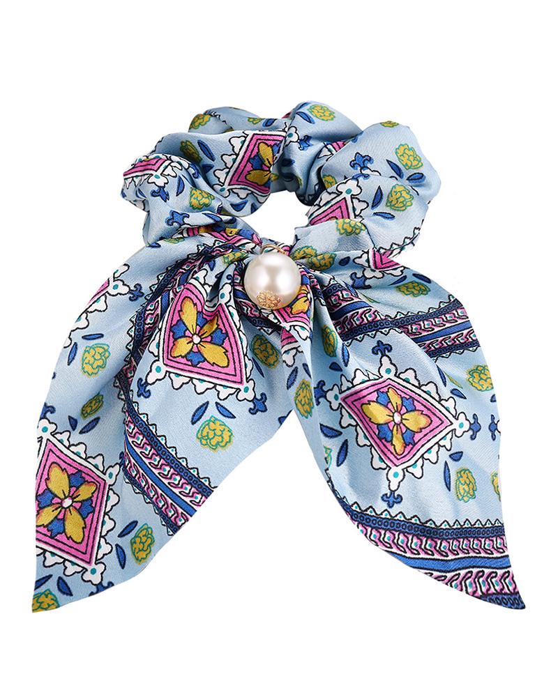 

Retro Floral Print Beaded Fabric Scrunchy, Light blue