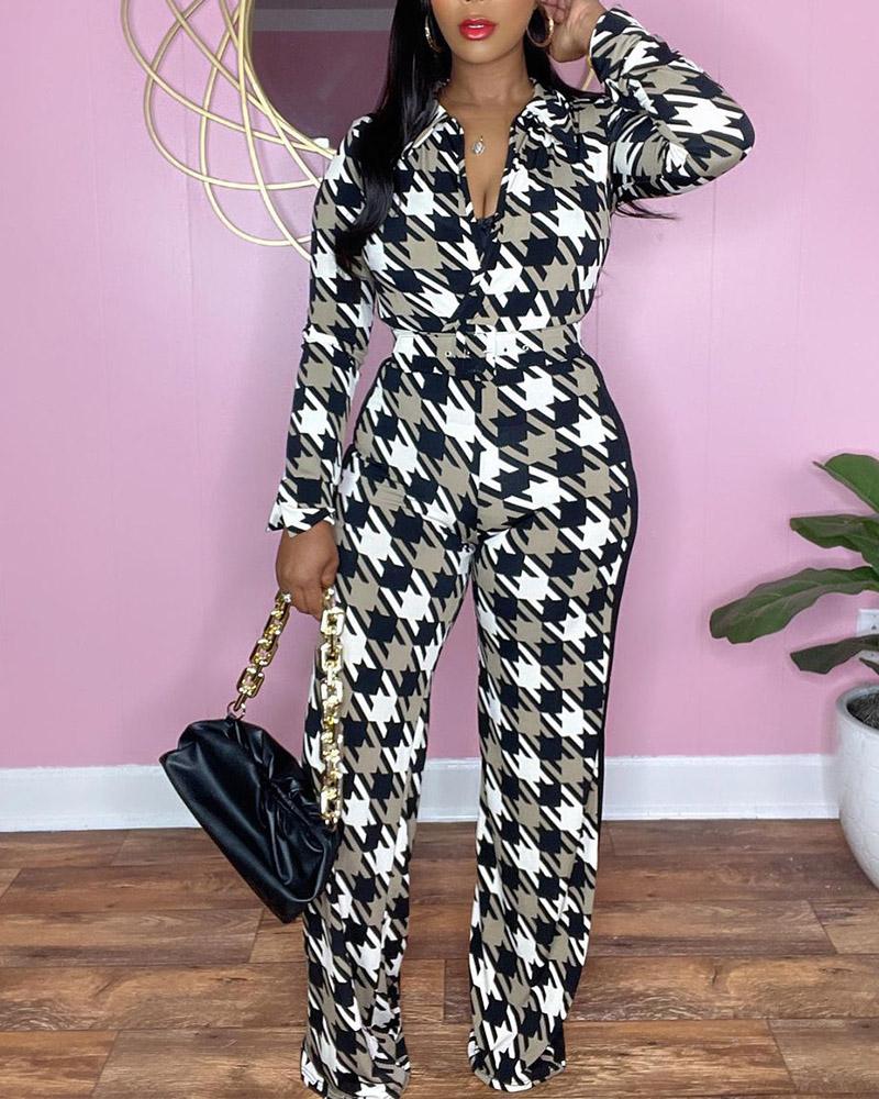 

Houndstooth Print Long Sleeve Jumpsuit, Blackwhite