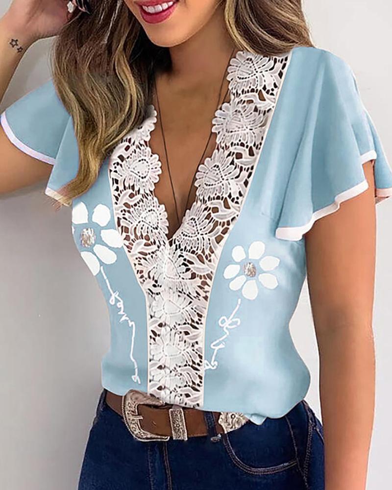 

Ruffles Hem Contrast Lace Trim Top, Sky blue