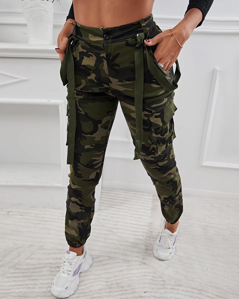

Camouflage Print Pocket Design High Waist Cargo Pants, Green