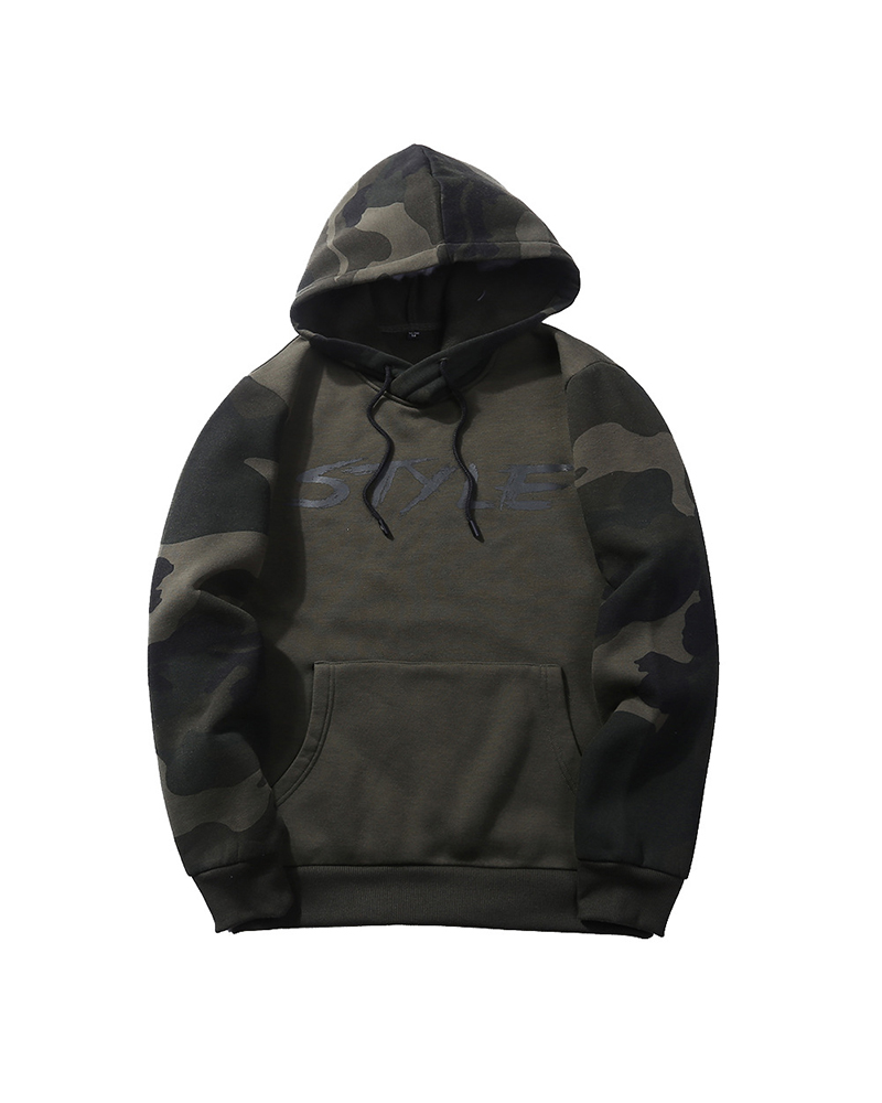 

Color Block Splicing Camouflage Letter Print Long Sleeve Hooded Sweatshirt, Army green