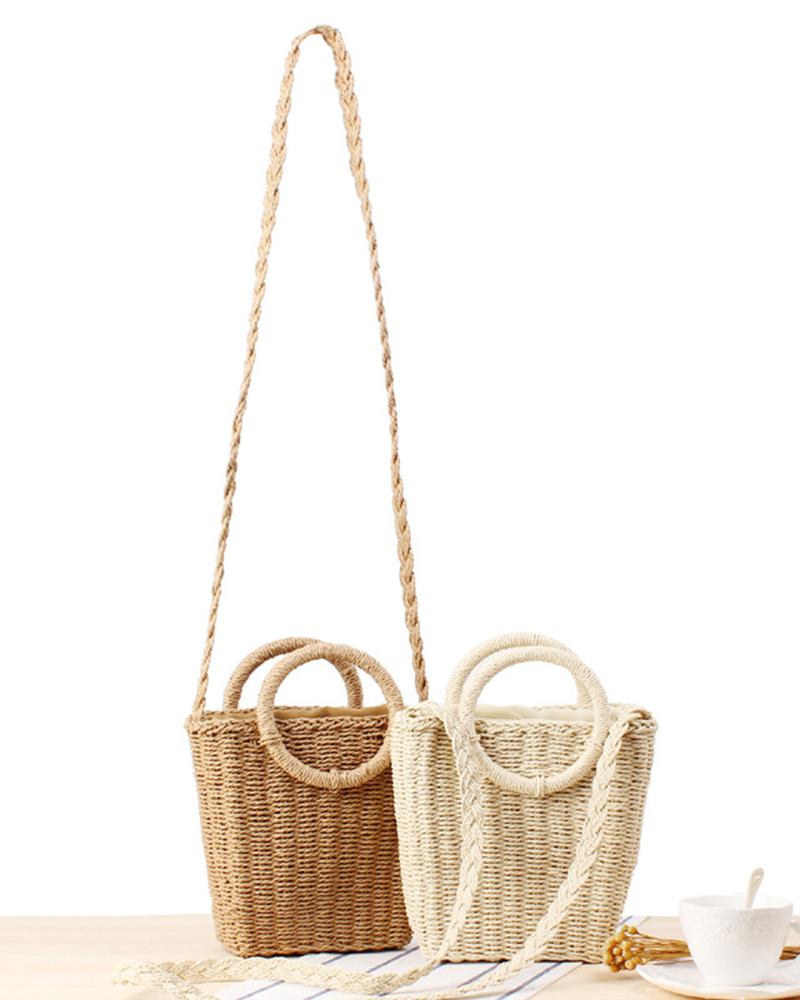 

Tied Detail Top Handle Square Crossbody Straw Bag, Beige