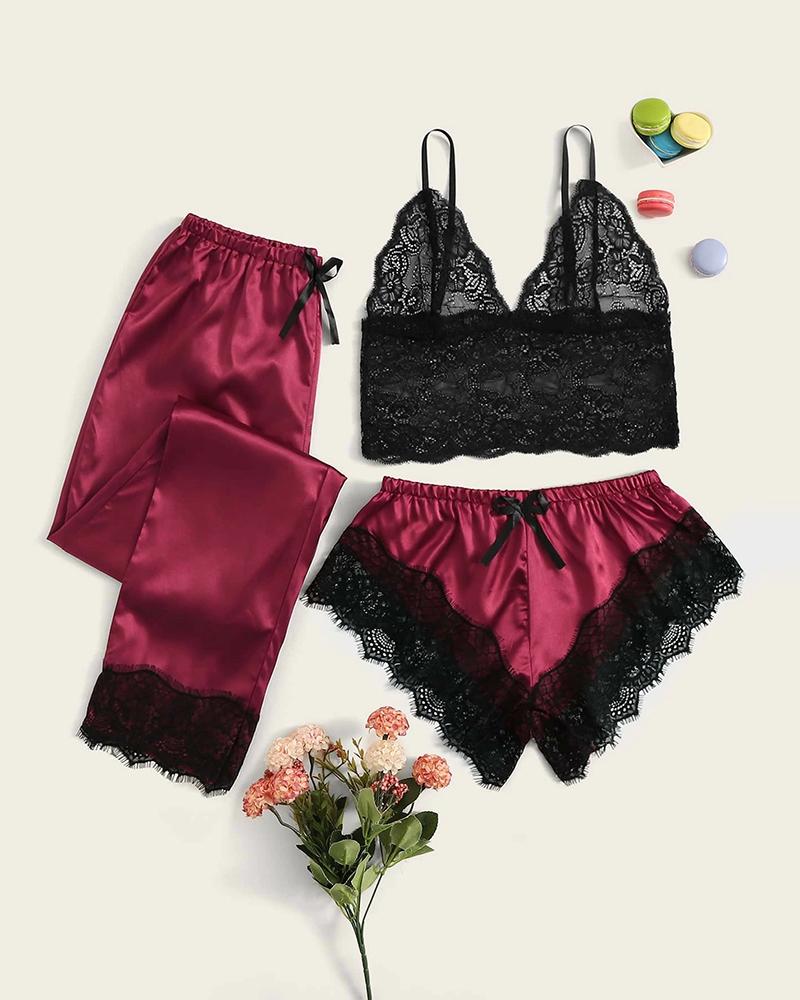 

Lace Trim Satin Three-piece Cami Sets, Wine red