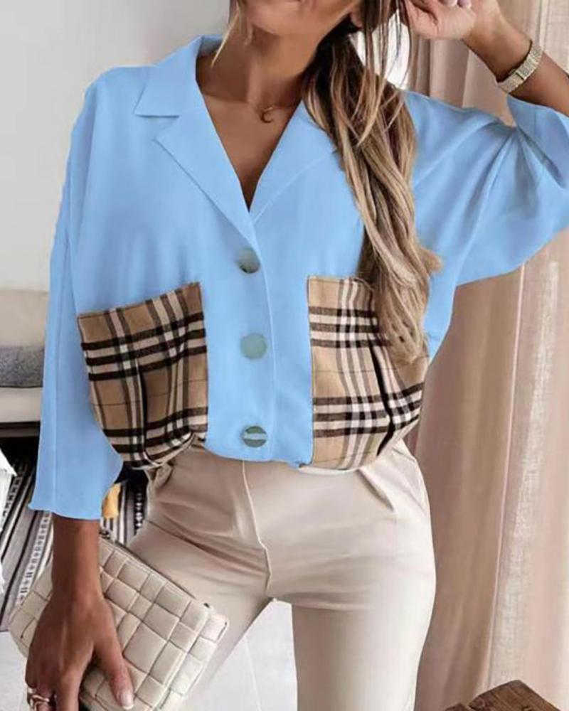 

Plaid Print Pocket Design Buttoned Top, Blue