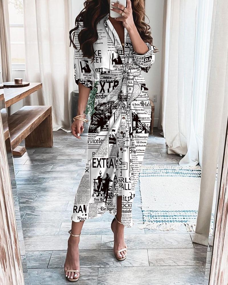 

Long Sleeve Newspaper Print Strap Slit Shirt Dress, White
