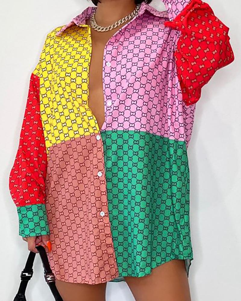 

Graphic Print Colorblock Buttoned Shirt Dress, Red