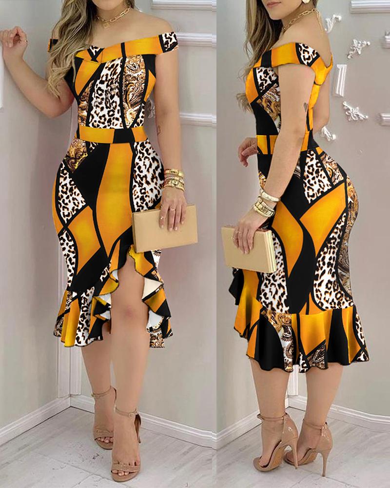 

Off Shoulder Slit Ruffles Cheetah Print Colorblock Dress, Yellow