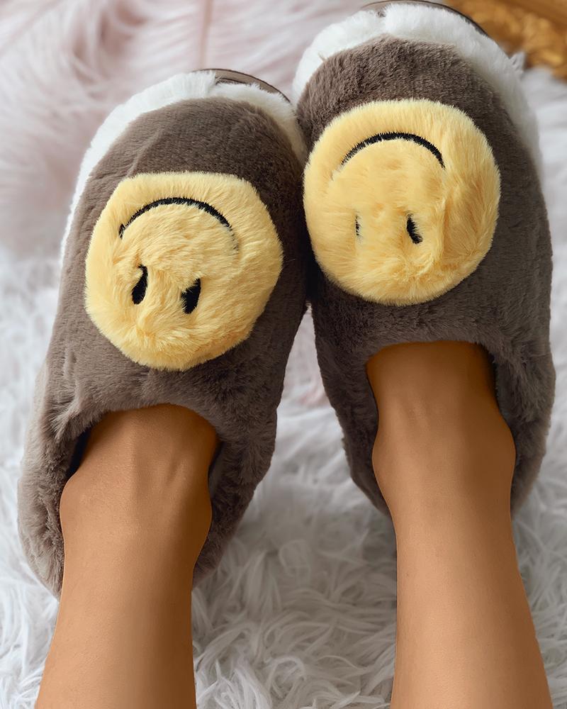 

Simle Face Colorblock Fluffy Casual Slipper, Coffee