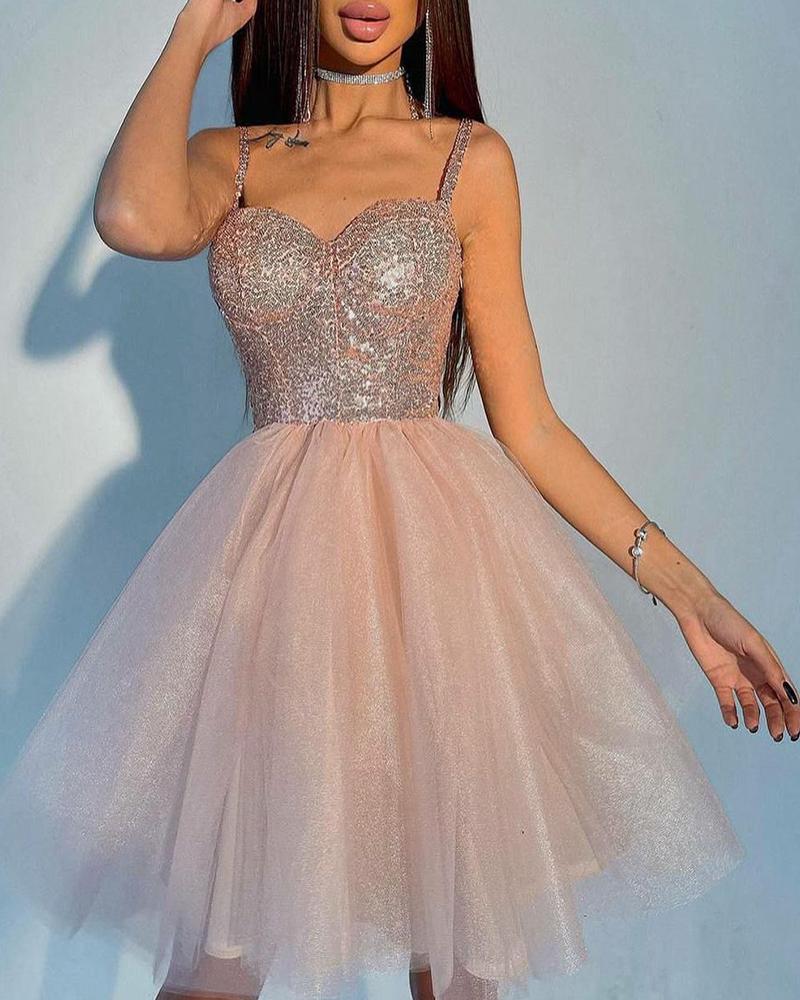 

Sequin Patch Spaghetti Strap Mesh Prom Dress, Pink
